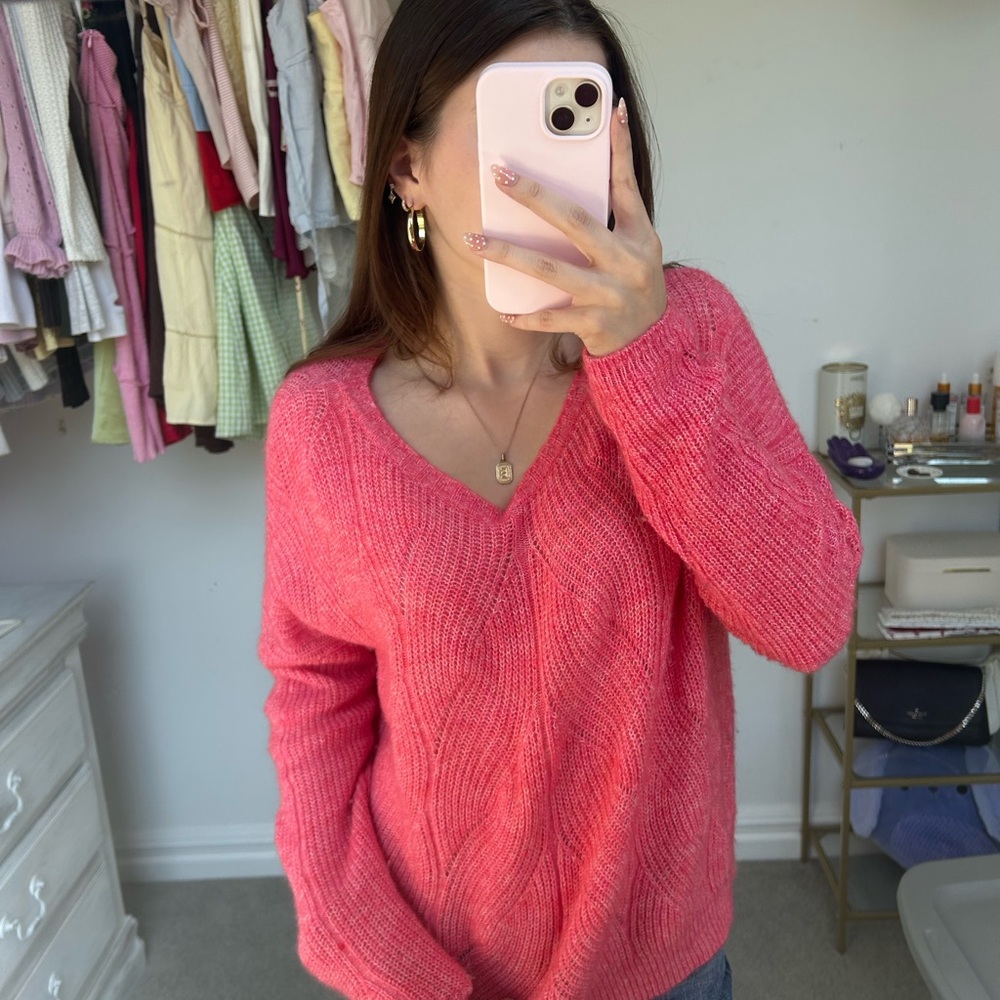 Anthropologie Pink V-Neck Sweater Relaxed Fit